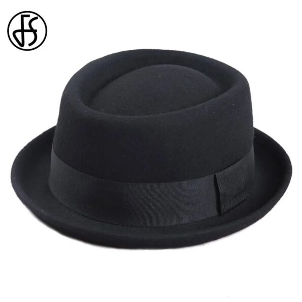 FS-Vintage-Pork-Pie-Hat-Men-Wide-Brim-Wool-Felt-Fedora-Black-Hat-Mans-Church-Jazz-2