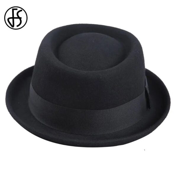 FS-Vintage-Pork-Pie-Hat-Men-Wide-Brim-Wool-Felt-Fedora-Black-Hat-Mans-Church-Jazz-3